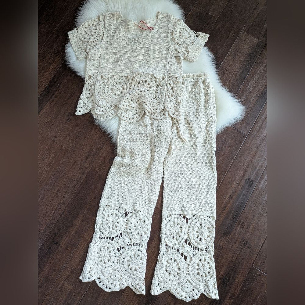 Solitaire 2 Piece Crochet Pant Short Sleeve Top Set Ivory White Beach S Small